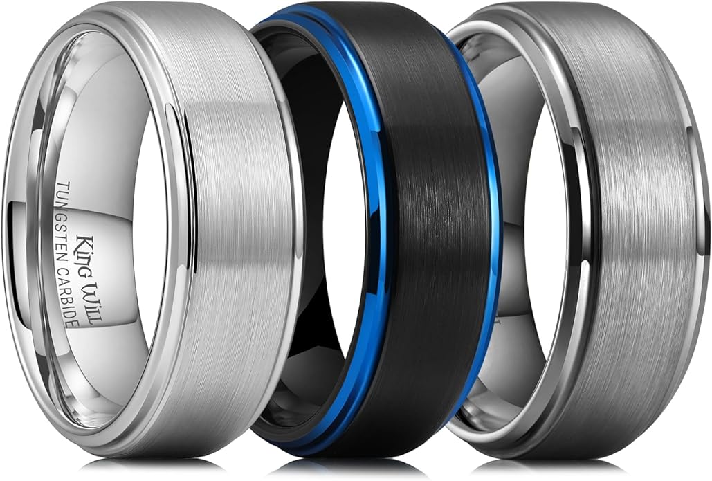 King Will Classic Tungsten Wedding Band for Men, 6/7/8/9/10mm Widths, Polished Finish Step Edge Matte Rings Comfort Fit