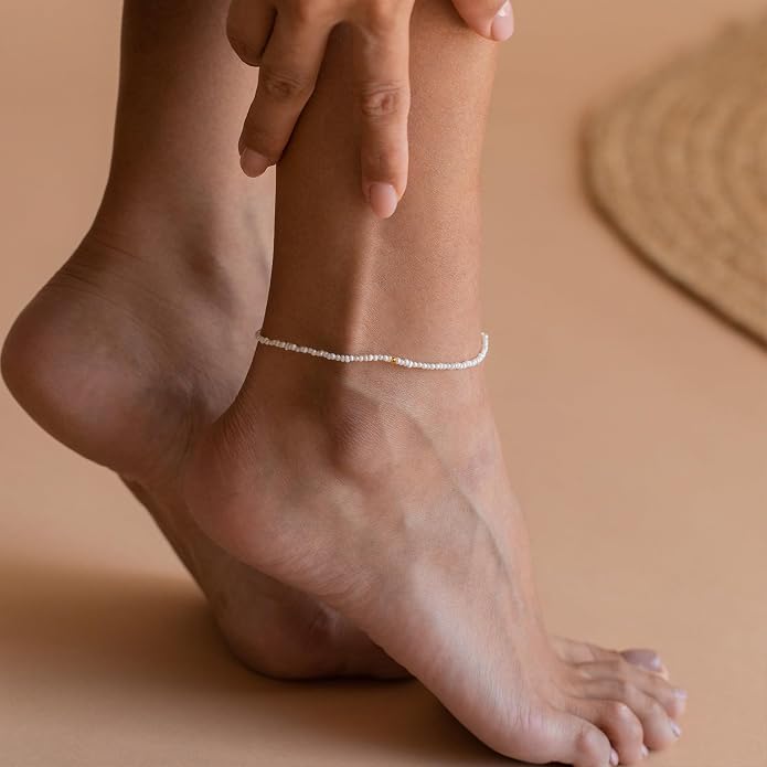 Boho Gold Anklet Bracelets for Women, Waterproof Beach Layered Pearl Beaded Turquoise Anklets Set Handmade Jewelry Gift