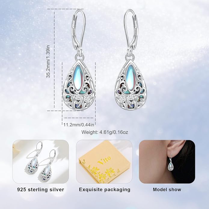 Vito 925 Sterling Silver Teardrop Earrings for Women, Moonstone Turquoise Drop Dangle Earrings Cat Snake Turtle Tree of Life Leverback Earrings Boho Jewelry Gift for Mom Wife