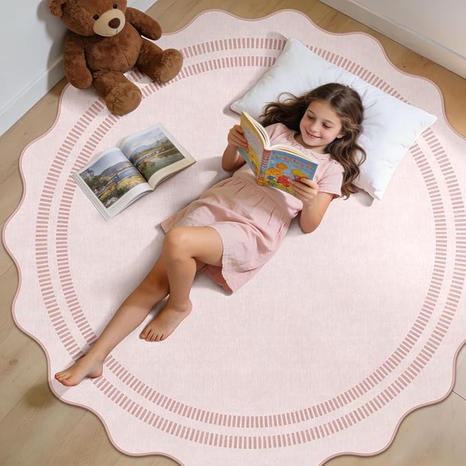 Washable 6ft Area Rugs for Living Room, Solid Pink Non Slip Rugs for Bedroom Girls, Stain Resistant Scalloped Soft Carpet for Nursery Dorm Dining Room