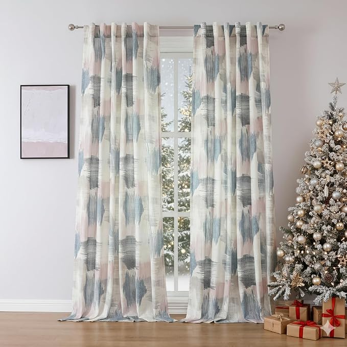 Kayne Studio Boho Abstract Semi Sheer Colorful Curtains,Blue Pink Watercolor Ink Print Light Filtering Farmhouse Curtains for Living Room and Bedroom, Back Tab Rod Pocket Drapes,W52 x L95,2 Panels