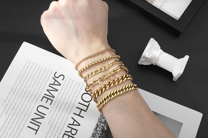 XIANNVXI 6pcs Bracelets for Men Gifts for Him Stainless Steel Bracelet Silver/Gold/Black Cuban Link Rope Paperclip Chain Bracelets Set 6.5/7/7.5/8.3/9 Inches Metal Bracelet Mens Fashion Accessories Jewelry Gifts Set