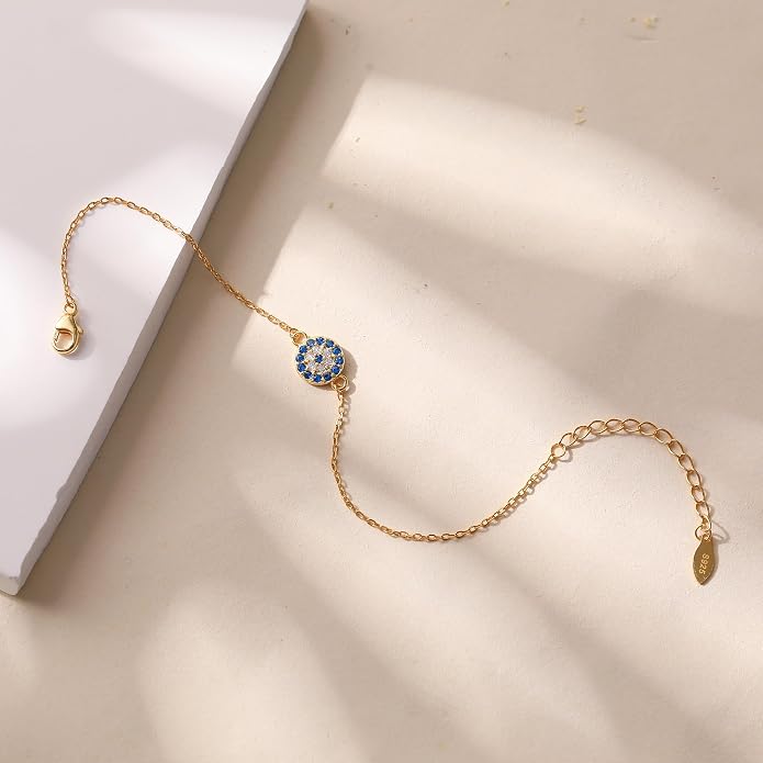 SUYACS Gold Evil Eye Bracelet for Women 925 Sterling Silver Small Blue Cubic Zirconia Eye Link Bracelet Tears of Angels Friendship Charm Chain Bracelet Birthday Jewelry Gifts to Daughter Friends