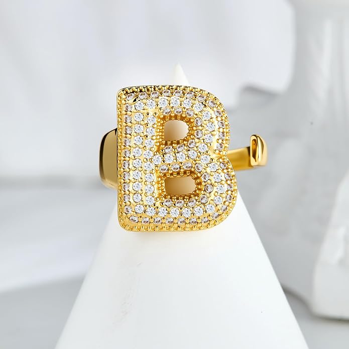 Cicy Bell Initial Rings for Women 14k Gold Plated Cubic Zirconia Delicate Letter Chunky Statement Open Rings Gifts for Her