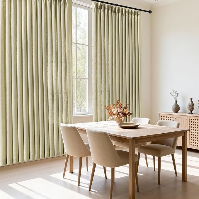 Pinch Pleated Linen Curtains 84 Inch Length 2 Panels Set, Light Filtering Linen Textured Sheer Drapes Memory Trained Pleated Curtain Back Tab for Living Room Farmhouse with Hooks Rings, Grey Beige