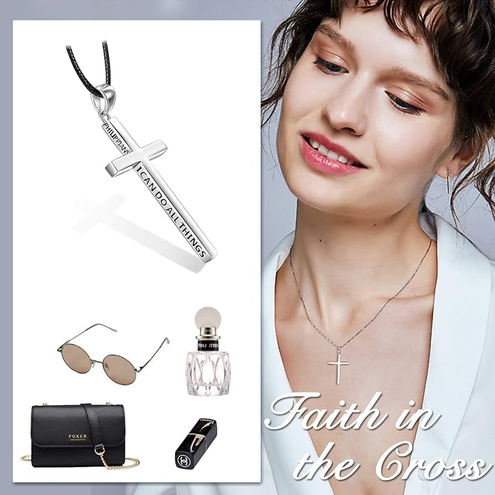 POPLYKE Cross Necklace 925 Sterling Silver Philippians 4:13 I Can Do All The Things Inspirational Necklace Gifts for Women Men 20+2''