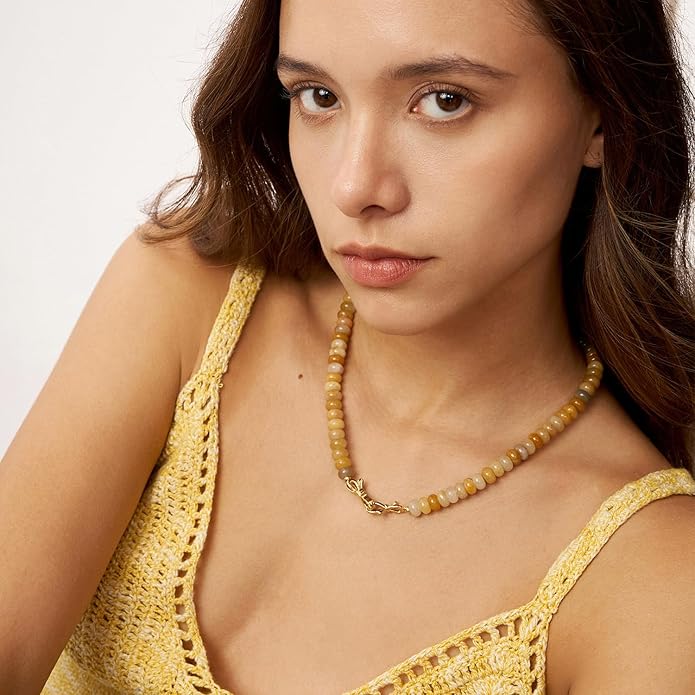 NLIEO Rainbow Colorful Gemstone Beaded Choker Necklace for Women 14K Gold Bow Birthstone Beads Chokers 18inches