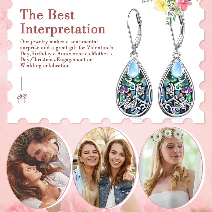 Alphm Dragonfly Filigree Earrings S925 Silver Teardrop Moonstone Abalone | S925 Sterling Silver Dragonfly Filigree Drop Dangle Earrings Leverback Birthday Jewelry Gift for Women Mom Wife