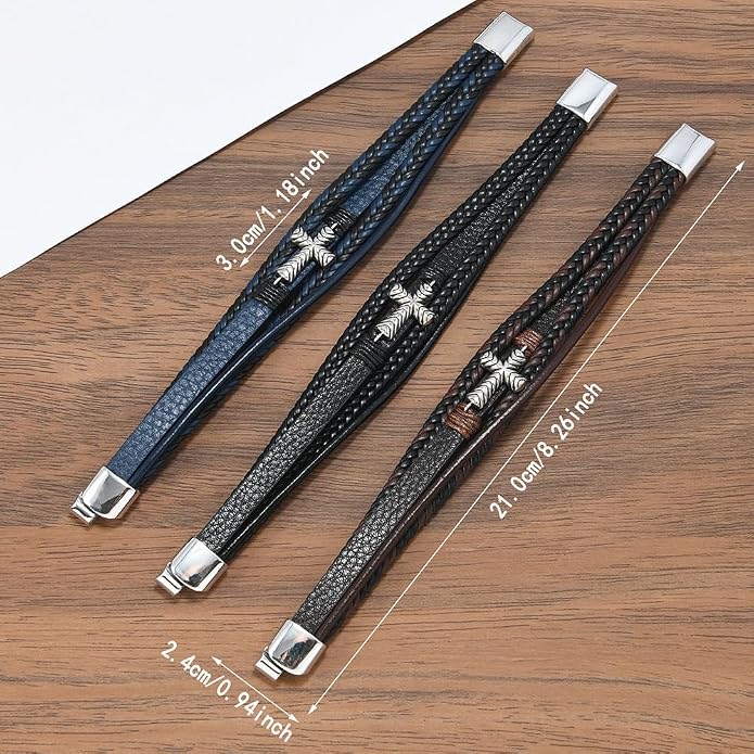 Men's Cross Leather Bracelet Vintage Christian Religious Faith Cuff Bangle Multi-Layer Braided Genuine Leather Wrap Wristband with Stainless Steel Clasp Jewelry for Women Him or Her