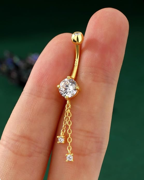 COCHARM 14K Gold Plated Belly Button Rings Dangling 925 Sterling Silver Belly Navel Rings Dangle Chain Belly Piercing Jewelry Hypoallergenic