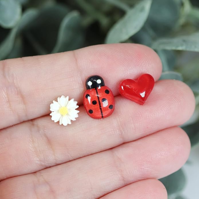 Metal Free Plastic Post Earrings Gift Set (Dainty Daisy, Ladybug, Red Heart)
