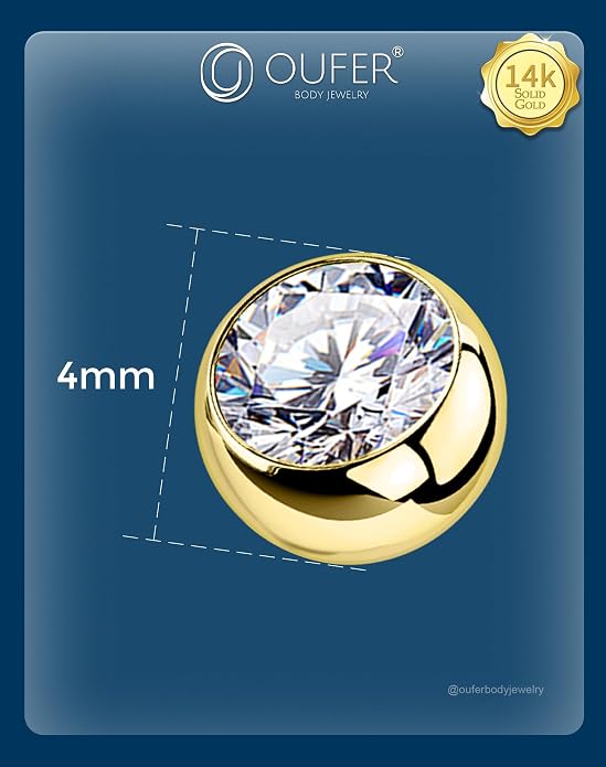 OUFER 14K Solid Gold Clea CZ Replacement Ball Externally Threaded for Belly Button Rings