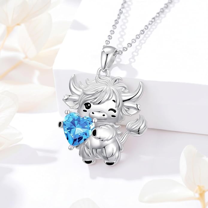 PELOVNY Teddy Bear Necklace for Women 925 Sterling Silver Bear/Highland Cow/Fox/Cat/Axolotl Birthstone Necklace Christmas Birthday Jewelry Gifts for Mom Daughter Wife Sister