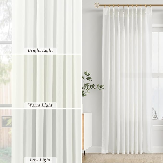 Off White 102 Inch Long Curtains Pinch Pleat Linen Curtains for Living Room 2 Panels Set Semi Sheer Light Filtering Boho Neutral 102 Inch Pleated Curtain with Hooks Floor Ceiling Bedroom Window 40x102