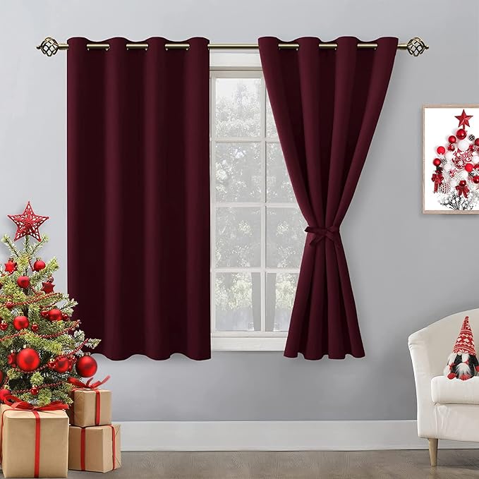 Hiasan Blackout Curtains for Bedroom, 52 x 54 Inches Long - Thermal Insulated & Light Blocking Window Curtains for Living Room Christmas Decor, 2 Drape Panels Sewn with Tiebacks, Burgundy