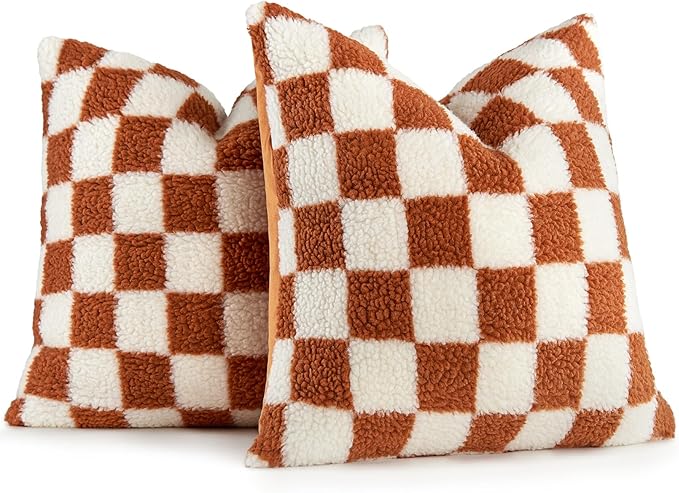 AmHoo Pack of 2 Decorative Throw Pillow Covers Checkerboard Luxury Super Soft Faux Fur Wool Set Case Cushion for Couch Sofa Bedroom 16 x 16-Inch Burnt Orange