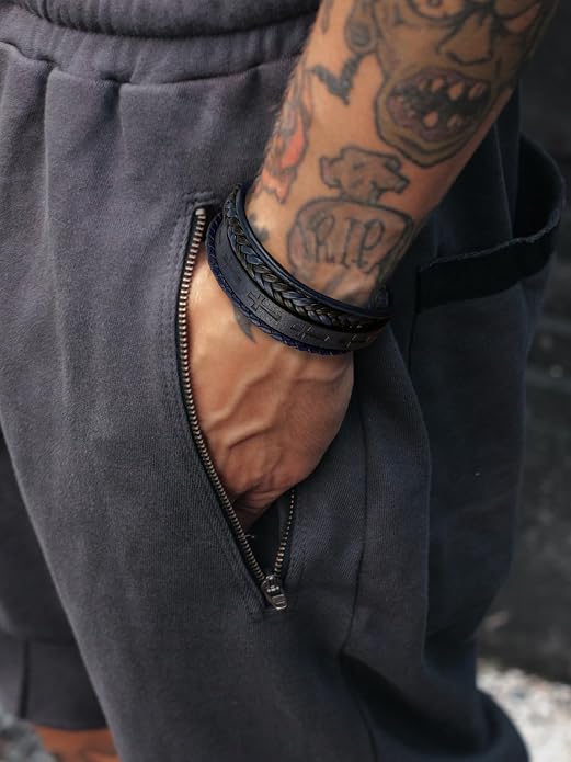 Mens Leather Cross Bracelet Multilayer Braided Wristband Bangle Bracelets with Stainless Steel Buckle Religious Gift for Men Brown/Black/Blue–8.3 inch