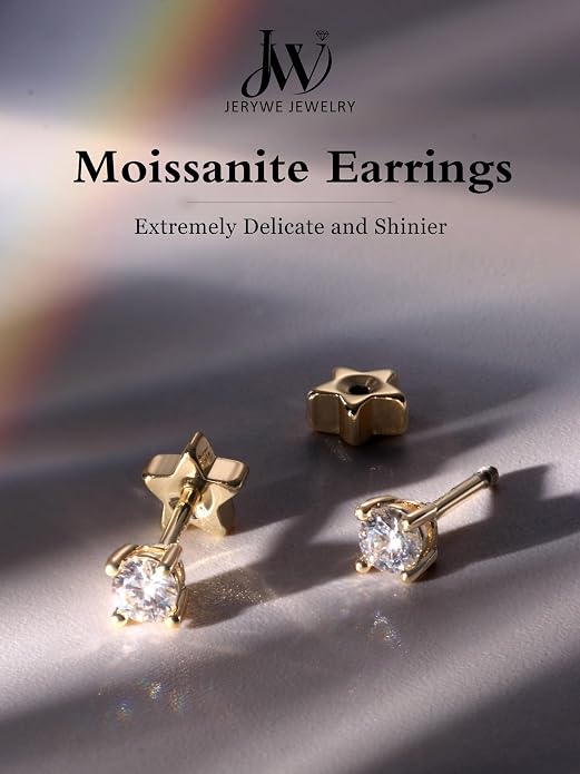 Moissanite Earrings Studs - 925 Sterling Silver Earrings for Women Men 14K Gold Plated Double Sided Star Flat Back Stud Earring Hypoallergenic Small Cartilage Helix Piercing Jewelry D Color VVS1