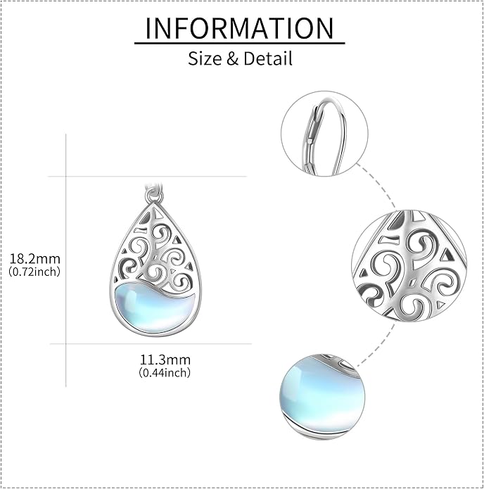 Filigree Teardrop Dangle Earrings Sterling Silver Filigree Moonstone Leverback Earrings Jewelry for Women
