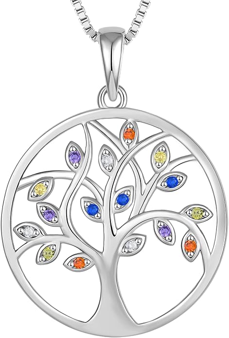 YL 925 Sterling Silver Tree of Life Necklace for Women Round Tree Pendant Birthstone Jewelry for Mom