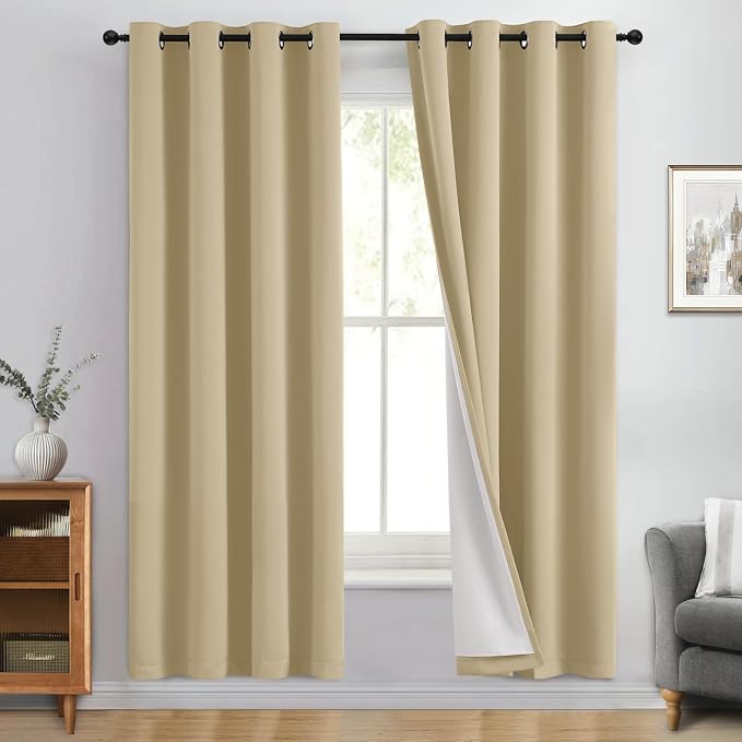 Yakamok Beige 100% Blackout Curtains 72 Inches Long for Bedroom 50" Wide | Blackout Curtain Panels for Bedroom, 2 Thick Layers Grommet Top Thermal Insulated Drapes with White Back for Living Room