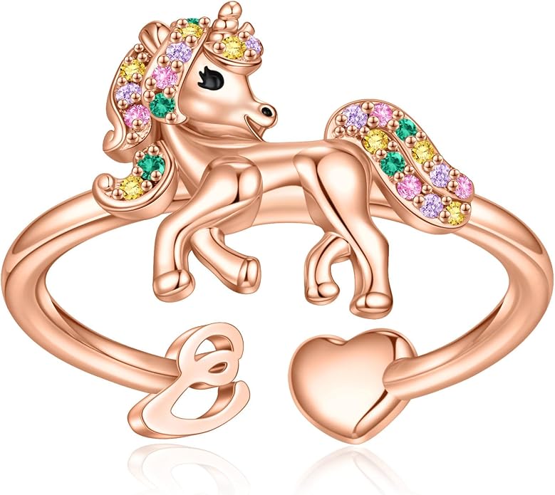Unicorn Initial Rings for Teen Girls, Rose Gold/White Gold Plated Heart Initial Rings for Girls Adjustable Stackable Rings for Women Diny Heart Ring for Teen Girls Gifts Unicorns Gifts for Girls