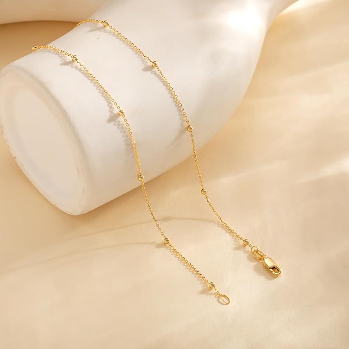 Carffordo 925 Sterling Silver Chain Necklace 16K Gold Plated Beaded Chain Necklace for Women Simple Dainty Choker Necklace Satellite Waterproof Link Necklace Trendy Jewelry Gifts