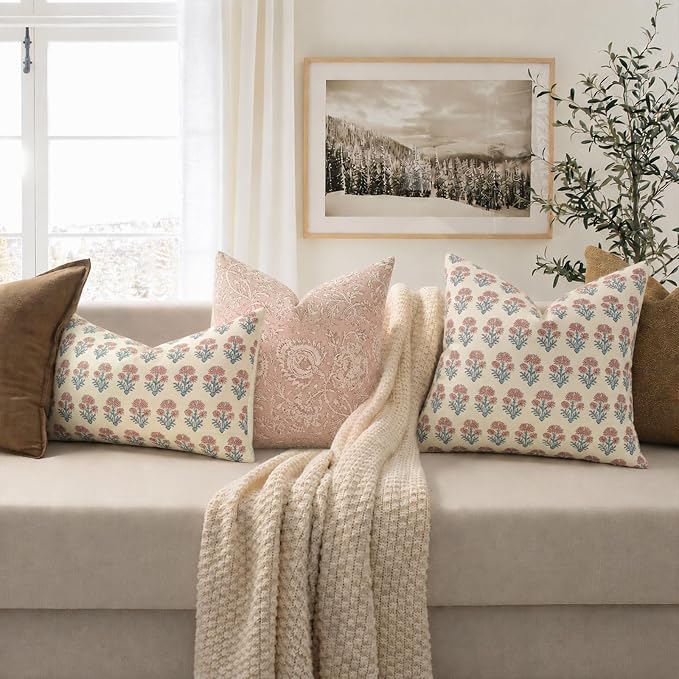 Farmhouse Floral Pillow Covers 18x18 Set of 2, Country Botanical Throw Pillow Cover for Sofa Couch Bed Living Room, Earthic Vintage Flower Cushion Covers Cottage Home Decor,Coastal Sky