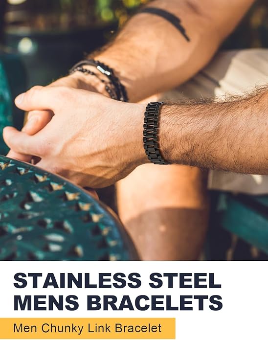 U7 Link Bracelets for Men, Cuban Link/Rope/Watch Band Solid Bracelet, Silver Black Gold Color Wrist Bracelet 3/6/9/12/15mm Width, 6.5/7.5/8.3 Inch Length, Hand Chain Jewelry for Mens Women