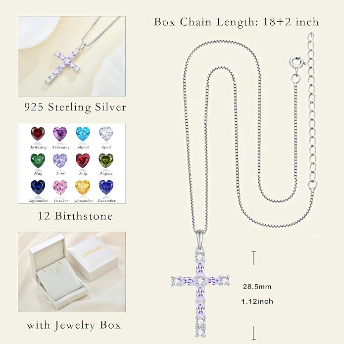 Birthstone Cross Necklace for Women 925 Sterling Silver Christian Religious Crucifix Pendant Rectangular Cut Birthstone Jewelry Gifts for Her