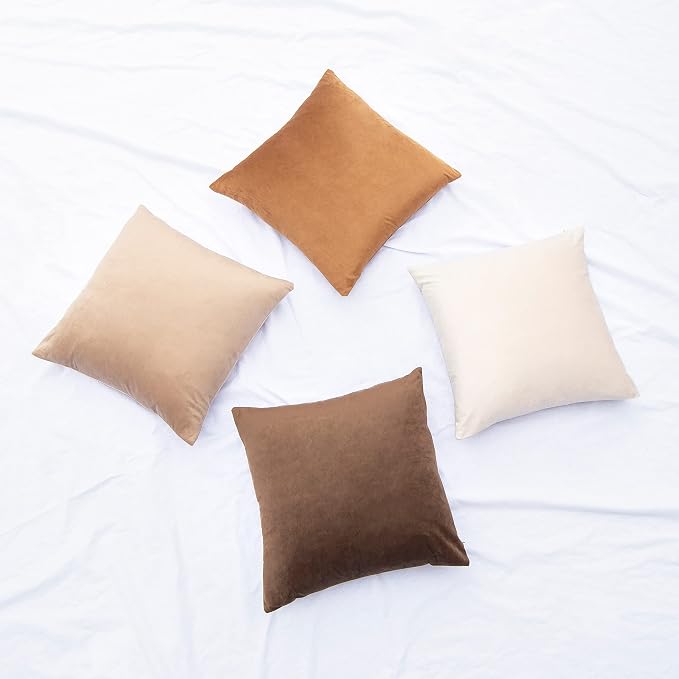 MONDAY MOOSE Decorative Throw Pillow Covers Cushion Cases, Set of 4 Soft Velvet Modern Designs, Mix and Match for Home Decor, Pillow Inserts Not Included (18x18 inch, Brown/Beige)