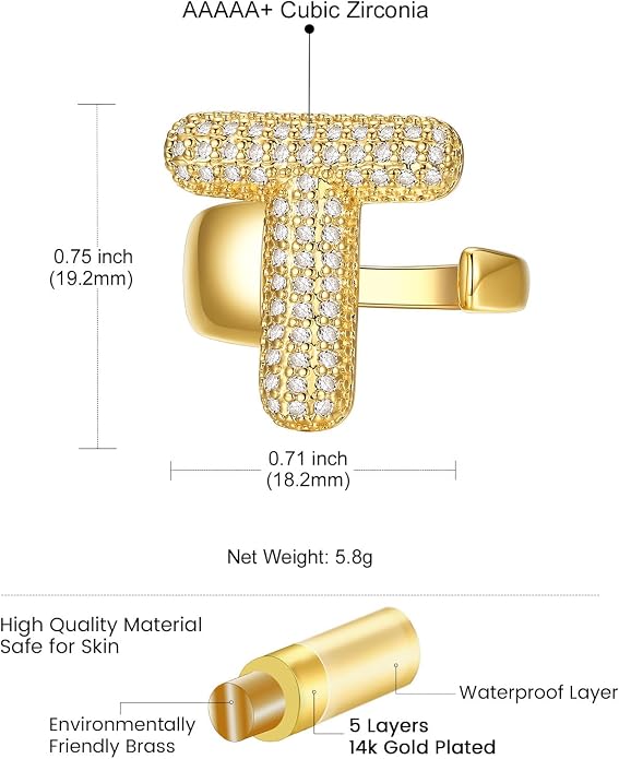 KeyStyle Bold Initial Letter Rings Adjustable, GoldChic Jewelry Women Gold Statement Ring Personalized Engraved Women’s Open Signet Ring for Party (Gold, White Gold, Black)