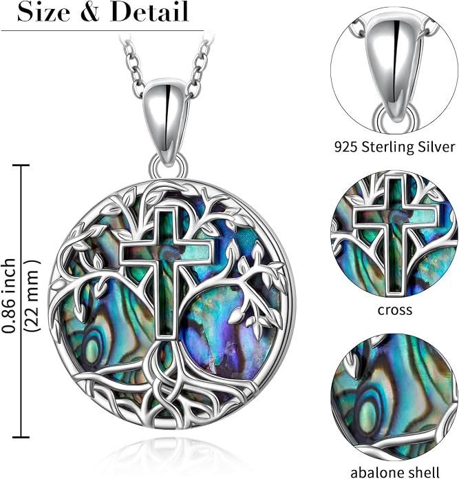 DAOCHONG Tree of Life Cross Necklace 925 Sterling Silver Abalone Shell Pendant Necklaces for Women Christian Religious Jewelry