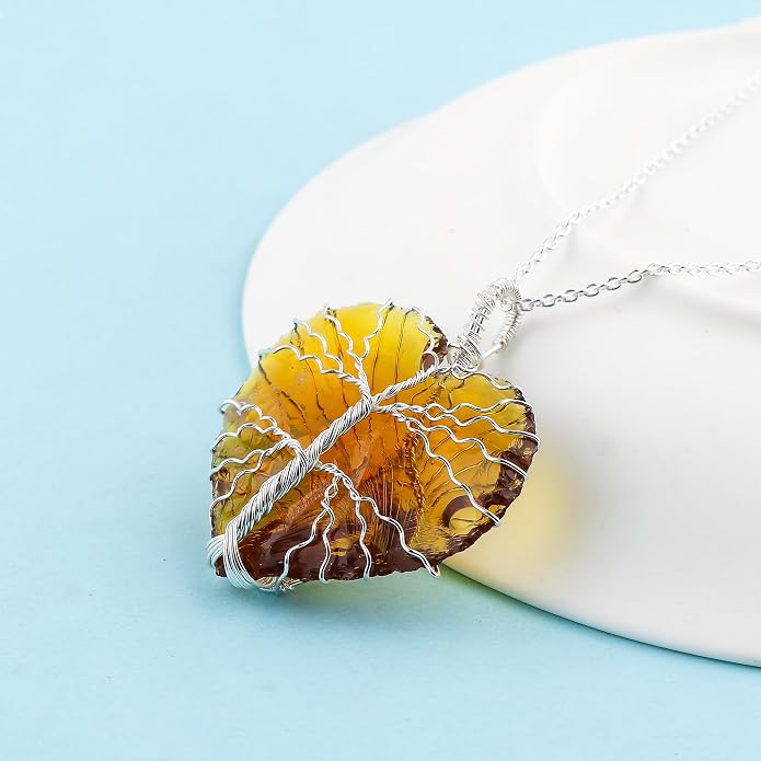Silver Plated Wire Wrapped Pendant Necklace, Sea Glass Stones, Handmade Jewelry, Healing Crystals, Hammered Pendant, Birthday Gift for Women, Adjustable Chain 16+2inch
