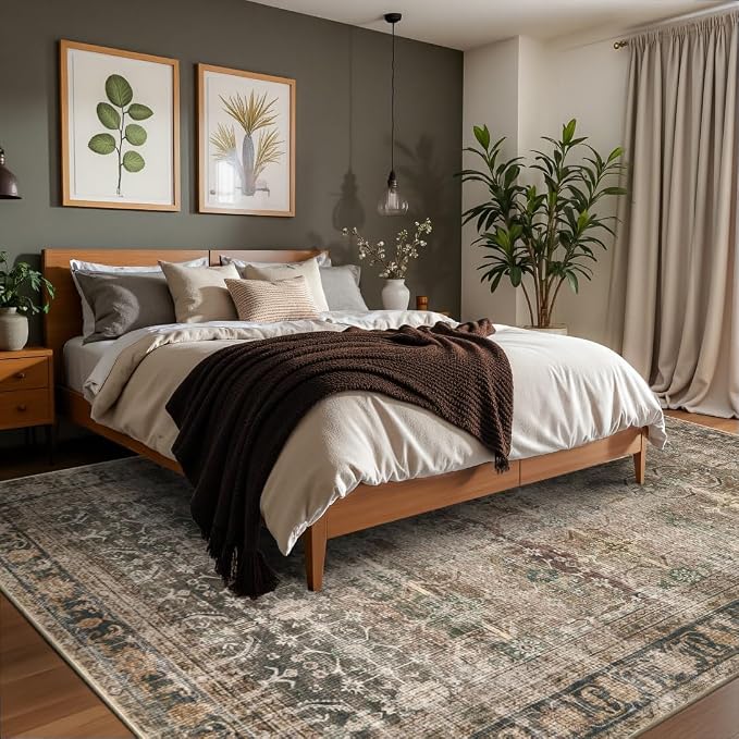 Rugxara Brown 6x9 Area Rugs Washable Rug for Living Room Dining Bedroom | Non Slip, Rug for Office Farmhouse Kids Room, Stain Resistant, Soft, Low Pile, Vintage Boho Floral Retro Carpet, Home Decor