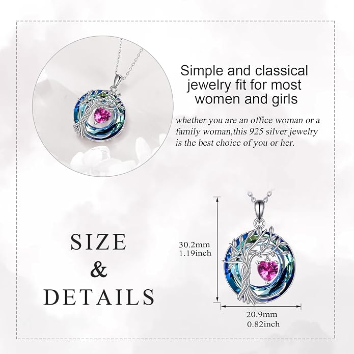 POPLYKE Mothers Day Gifts for Mom Her Wife Tree of Life Necklace 925 Sterling Silver Birthstone Pendant with Crystal Anniversary Birthday Wedding Jewelry for Women