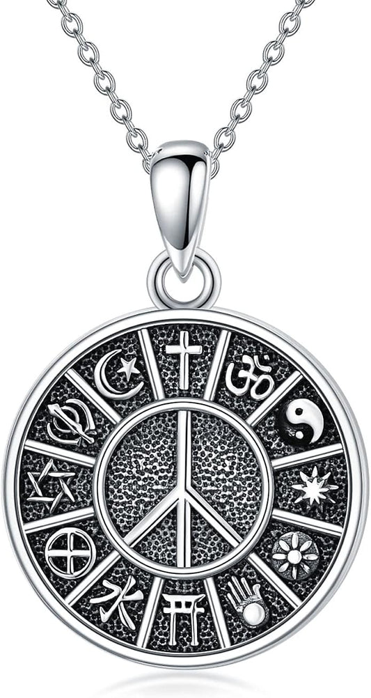 S925 Sterling Silver Poseidon Trident/Peace Sign/Coexist Peace Symbol/Pirate/Arrowhead/Flower of Life/Thor's Hammer Jewelry Necklace Gifts for Women Men