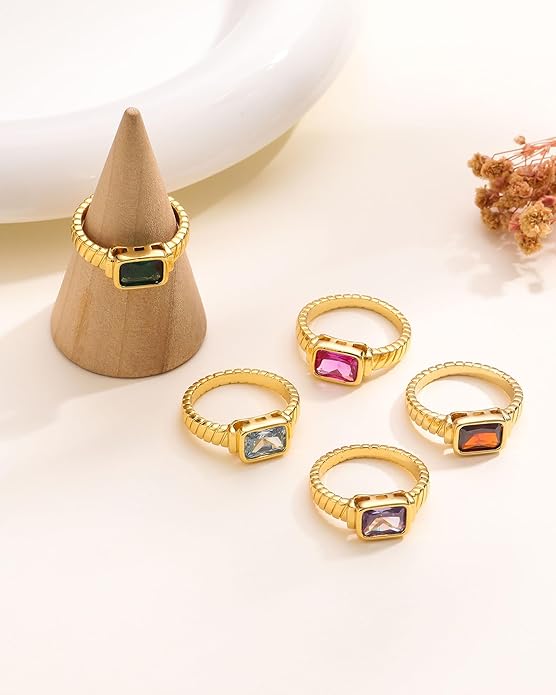 ZHESHY Birthstone Gold Rings for Women Non Tarnish Vintage Gemstone Emerald Rings 14K Gold Plated CZ Signet Thumb Band Rings Jewelry Gift for Birthday Size 6-10
