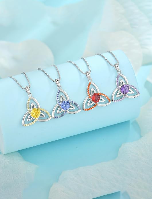 Celtic Birthstone Necklace for Women 925 Sterling Silver Trinity Knot Triquetra Crystal Pendant