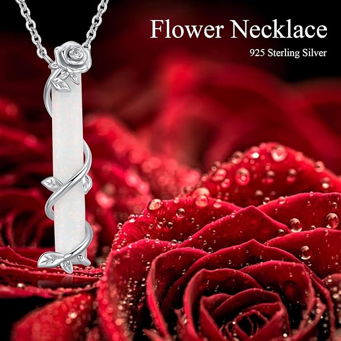 Bar Opal Leaf Necklace For Women S925 Sterling Silver White Opal Pendant with Leaf Charm Bar Pendant Jewelry Gift For Mom Daughter Wife