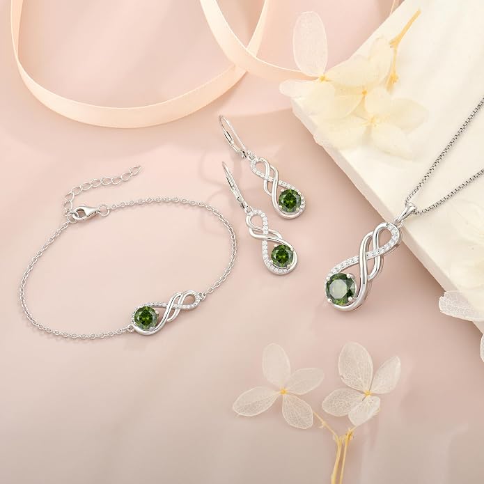 Gemstone Infinity Pendant Necklaces for Women, S925 Sterling Silver Round cut Zircon Necklace Birthstone Jewelry Gift for Her