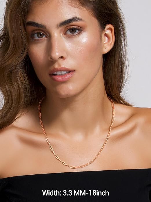 PROSILVER 925 Sterling Silver Paperclip Chain Necklace for Women Jewelry, with Gold/Rose Gold Plated, W: 1.7mm/3.3mm, L: 14"/16"/18"/20"/22"/24", Adjustable, Come with Box