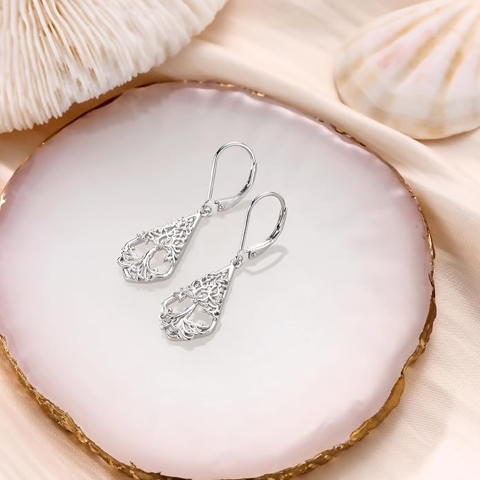 WINNICACA Sterling Silver Dangle Drop Earrings for Women Mom Flower Leverback Earrings Jewelry Christmas Anniversary Birthday Gifts