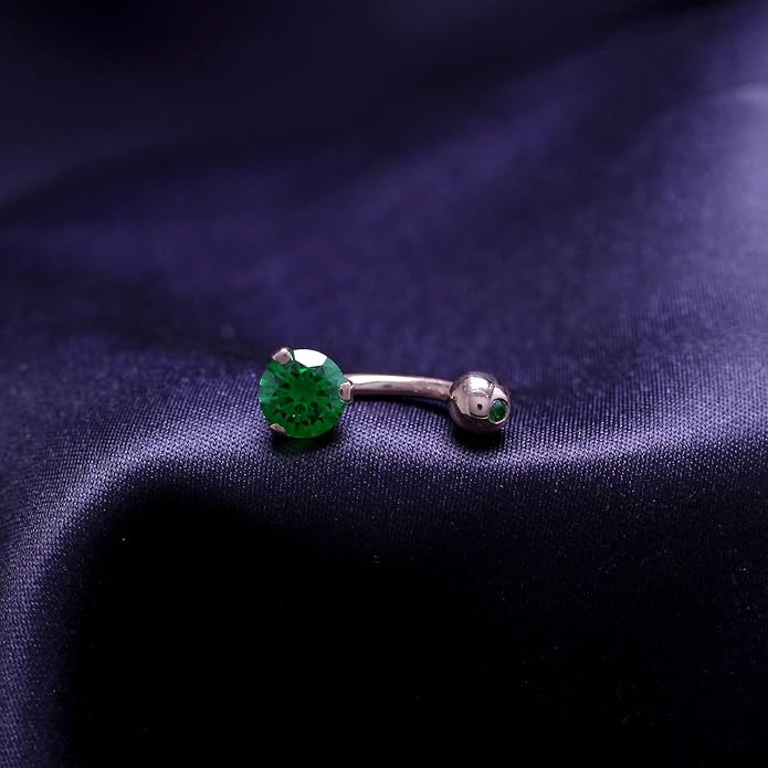 AFFY Internally Threaded Belly Button Navel Ring for Women, Three-Prong Round Simulated Birthstone in 14K Gold Over 925 Sterling Silver, Body Piercing Jewelry Gift