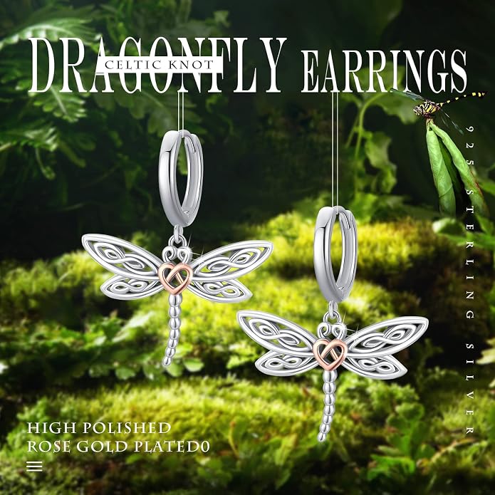 Dragonfly Leverback Hoop Hook Earrings 925 Sterling Silver Celtic Dangle Drop Earrings Dragonfly Huggie Earrings Dragonfly Jewelry Gifts for Women