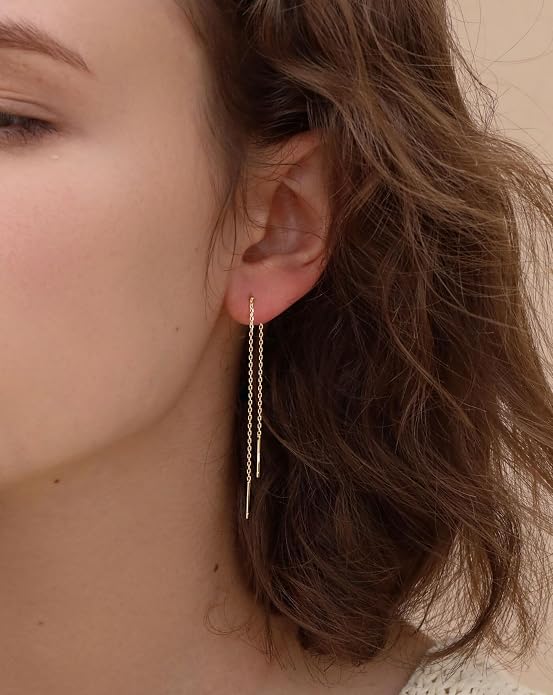 S.Leaf S925 Sterling Silver Threader Chain Earrings 18K Gold Plated Cubic Zirconia Dainty Dangle Double Piercing Long Drop Dangly Pull Through Tassel Chain Earrings Gifts for Women