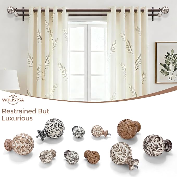 Boho Decorative Double Curtain Rod, 36-76 Inch, Walnut Wood | Handmade Wood Grain Leaf Finials, Heavy Duty Adjustable Rustic Metal Dual Layer Curtain Rods, 40 lb Capacity, Easy to Install