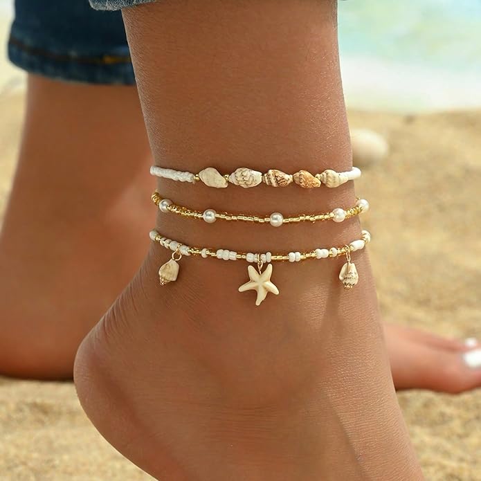 Qceasiy Shell Ankle Bracelet Set for Women, Gold Plated Boho Bead Adjustable Anklet, Hawaiian Beach Seashell Pearl Heart Starfish Conch Foot Jewelry Gifts