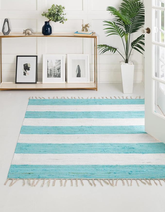 Unique Loom Chindi Rag Collection Area Rug - Striped (5' 1" Square, Turquoise and Ivory)