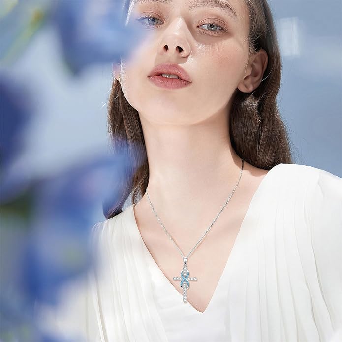 HPQQ Cross Necklace 925 Sterling Silver Turquoise Tree of Life Celtic Knot Cross Pendant Jewelry Mother's Day Gifts for Women